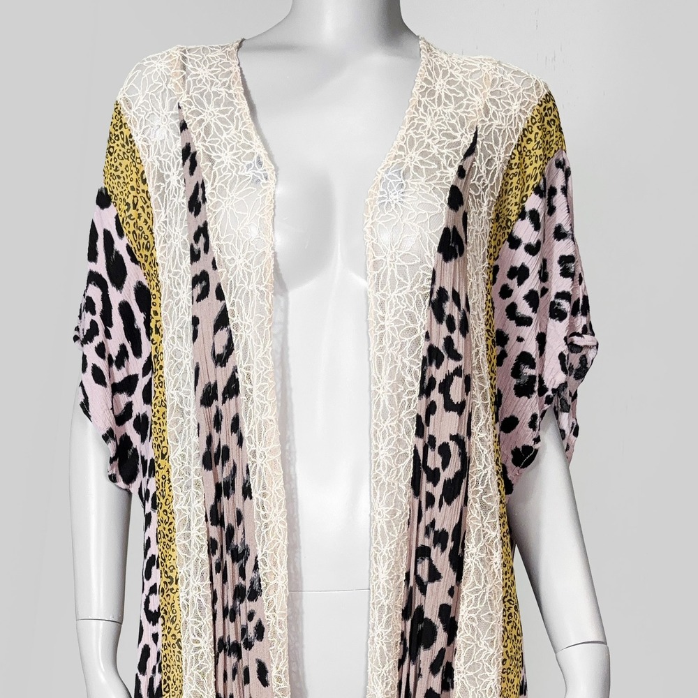 Gigio Leopard Lace Mixed Media Kimono Women M Pink Duster Cardigan Boho Festival